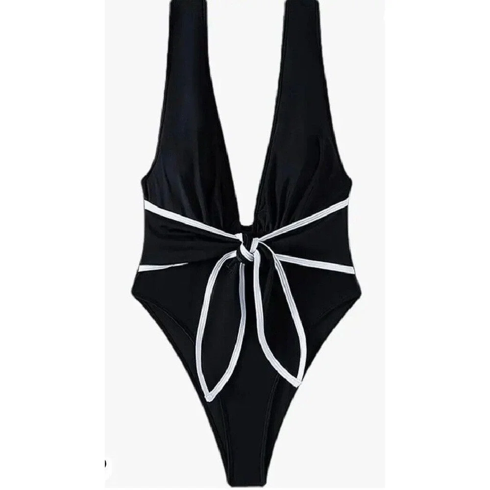 Hilinker One Piece Swimsuit Women's Small Black White Deep V Tummy Control